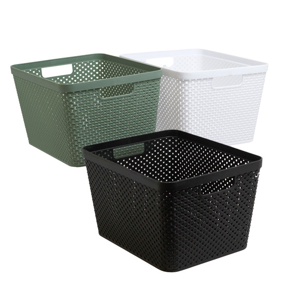 PLASTIC STORAGE BASKET W/HANDLE 14.0 X 11.3 X 8.5 IN WHITE - GREEN - BLACK