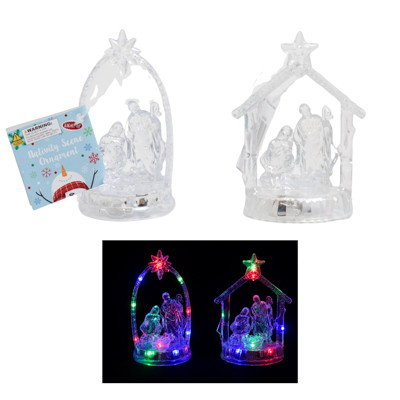 NATIVITY SCENE ORNAMENT/TABLE DECOR 2AST 4.5IN COLOR CHANGE LED CLEAR PS/XMAS HT 1 CR2032 BATT INLC