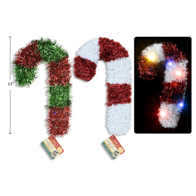 TINSEL CANDY CANE 13IN W/20 MICRO 3FUNTION LED LIGHTS 2AST COLOR XM/HT