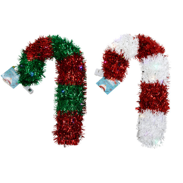 TINSEL CANDY CANE 13IN W/20 MICRO 3FUNTION LED LIGHTS 2AST COLOR XM/HT