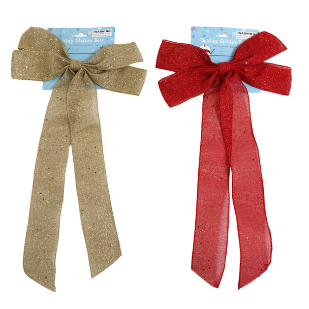 BOW CHRISTMAS GOLD OR RED JUMBO 11 X 22IN L GLITTERED BURLAP LOOK XMAS TCD