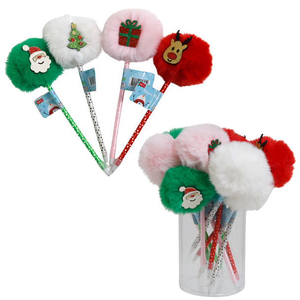 CHRISTMAS BALLPOINT PEN W/4 NOVELTY POMPOM CHARACTERS 24PC PDQ/LABEL
