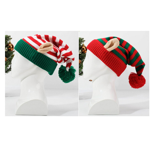 ELF HAT STOCKING CAP STYLE 14.5X6IN STRIPED W/EARS & POM 2AST/JHOOK/HT
