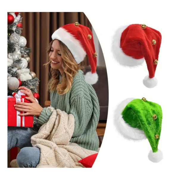 SANTA HAT W/JINGLE BELLS 17IN RED OR GREEN W/WHITE 12IN PLUSH CUFF JHOOK/HT