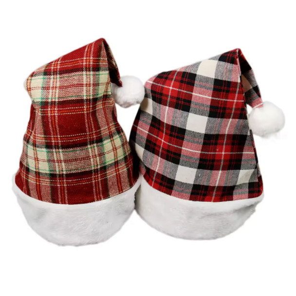 SANTA HAT PLAID 17IN 4AST W/WHITE FURRY 12IN CUFF XMAS HT/JHOOK