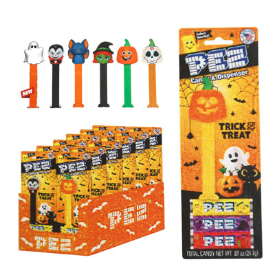 PEZ HALLOWEEN DISPENSER + 3 CANDY ON BLISTER CARD IN 12PC COUNTER DISPLAY 6 ASSORTED DISPENSER