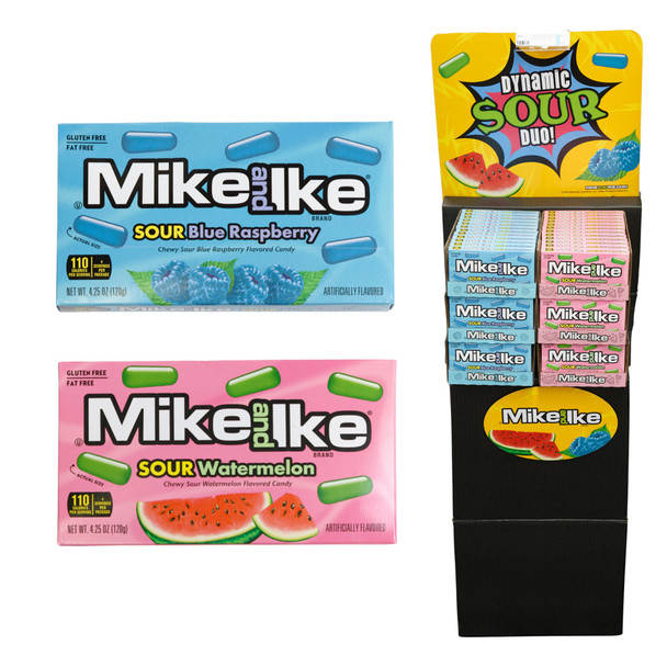 MIKE & IKE SOUR WATERMELON AND SOUR BLUE RASPBERRY 4.25 OZ THEATER BOXES IN FLOOR DISPLAY