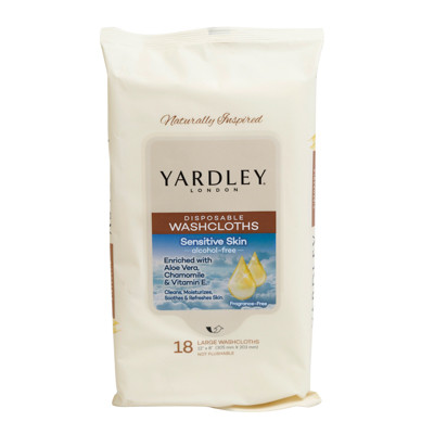 YARDLEY WASHCLOTH 18CT FRAGRANCE FREE SENSITIVE SKIN ALOE VERA, CHAMOMILE, & VITAMIN E 2-12PC PDQ