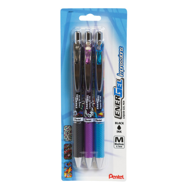 PENTEL ENERGEL RTX 3PK GEL PENS BLACK INK 0.7MM IMPRESSIONS ASSORTED DESIGNS CARDED PEGGABLE