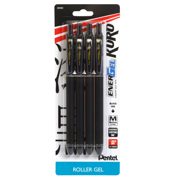 PENTEL ENERGEL KURO 4PK GEL PENS BLACK 0.7MM INK CARDED PEGGABLE