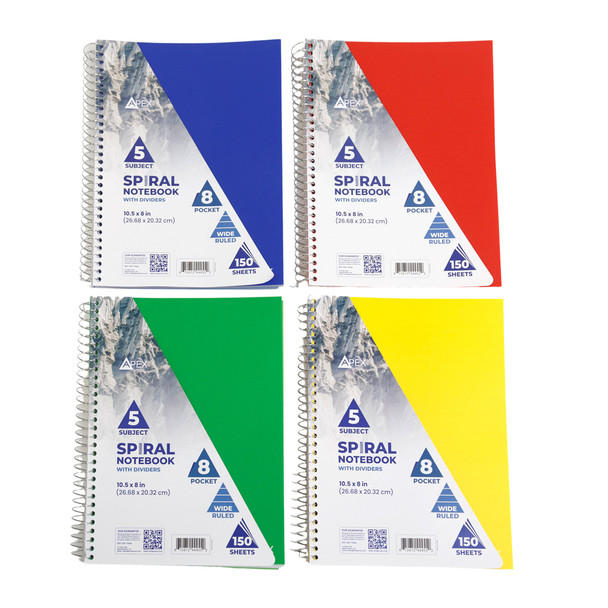 NOTEBOOK 10.5X8 150PAGES PINK/TEAL/BLUE/WHITE WIDE RULED POLY COVER 5SUB