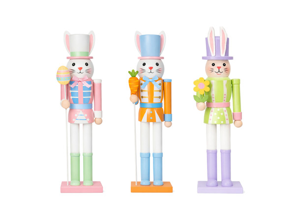 NUTCRACKER EASTER WOOD 10IN 3AST CARROT-EGG-FLOWER W/LABEL