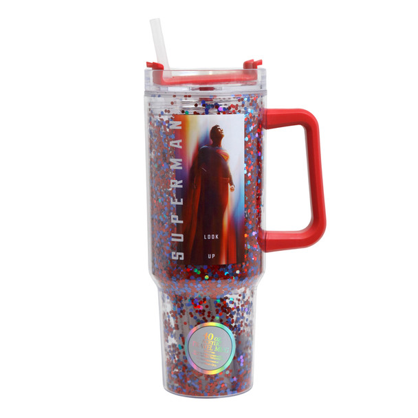 TRAVEL MUG 40OZ W/STRAW & HANDLE DOUBLE WALL SUPERMAN MOVIE LOOK UP GLITTER ACRYLIC