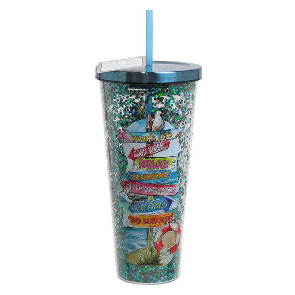 GLITTER CUP 32OZ W/STRAW INSULATED DOUBLE WALL  BEACH NAUTICAL SIGN