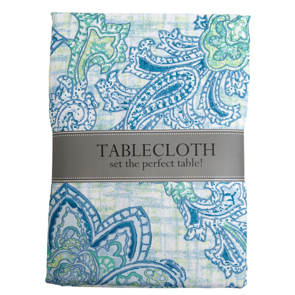 TABLECLOTH 60X120 W/ZIPPER BLUE WATERCOLOR PAISLEY PRINT INDOOR/OUTDOOR WATER/STAIN RESITANT 100%POLYESTER