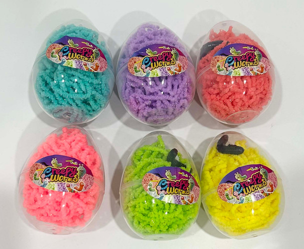 MAGIC WORMS 30GM IN EGG SHAPE CONTAINER 6ASST COLORS IN 12PC PDQ EA/LABEL