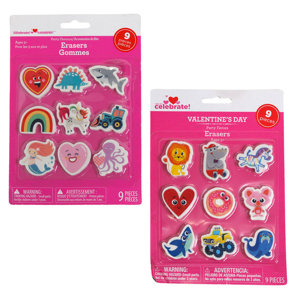 ERASERS VALENTINE NOVELTY SHAPED 9PK 2AST/BLC