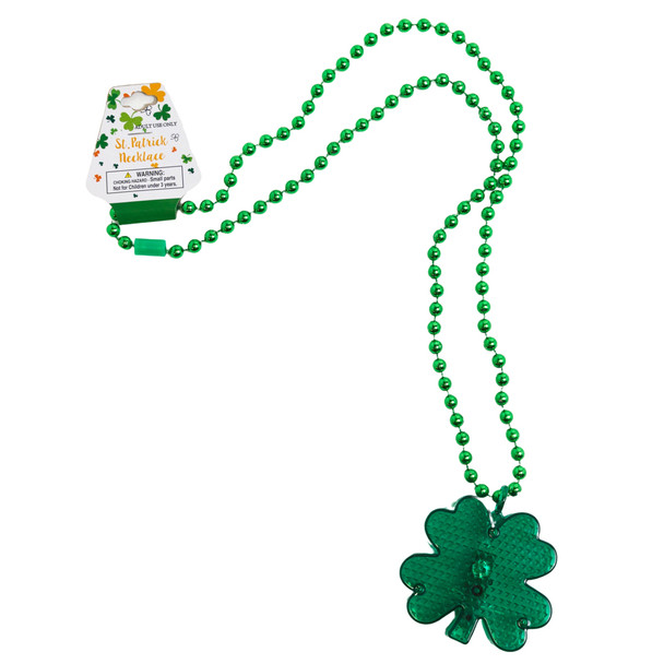 NECKLACE ST PAT LITE UP 2.75IN SHAMROCK ON 20IN BEADED CHAIN SP BARBELL/HDR ADULT SIZE