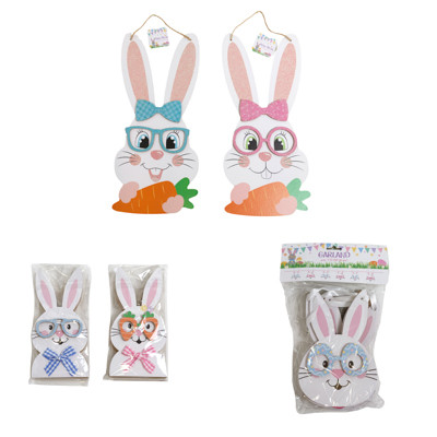 BUNNY W/GLASSES MDF DECOR 3AST WALL PLAQUE/TABLE DECOR/1 X4FT GARLAND EASTER LABEL
