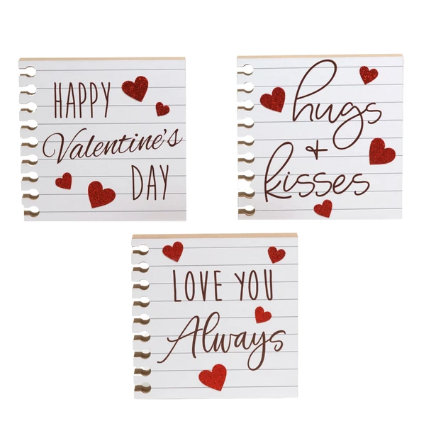 TABLE DECOR VALENTINES MDF NOTEBOOK PAGE GLITTER GREETINGS 3AST