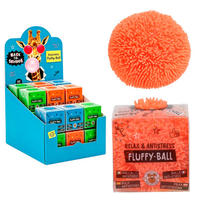 BALL FLUFFY ANTI-STRESS 2.36IN IN TRYME BOX 3AST COLORS/24PC PDQ