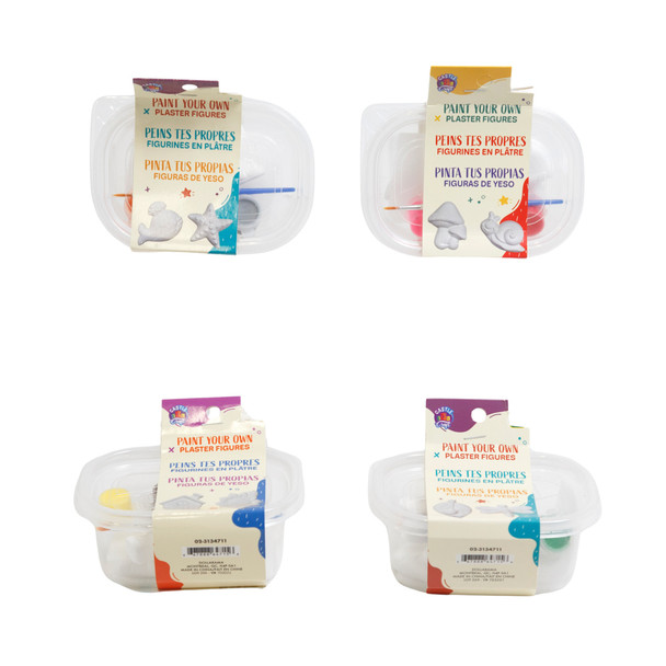 CRAFT KIT PAINT SET W/2 PLASTER FIGURES/3 PAINTS/1 BRUSH IN CONTAINER 4AST SLEEVE CARD