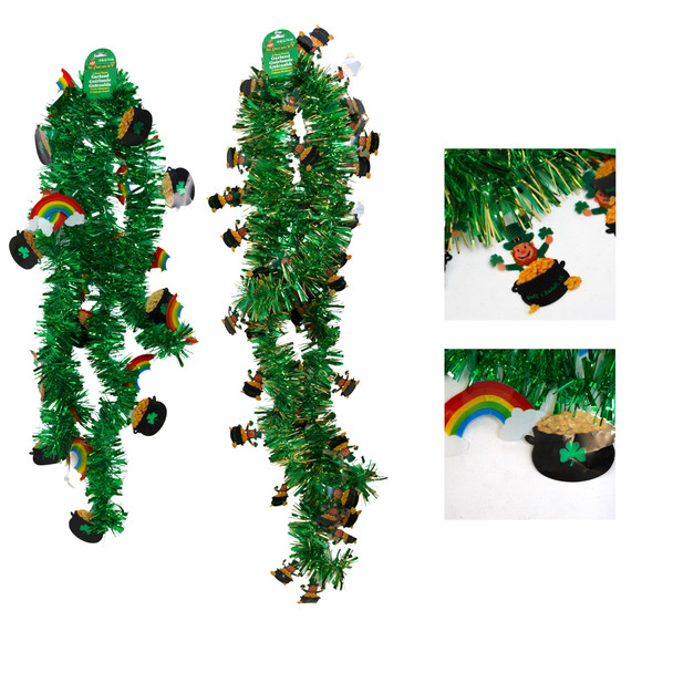 GARLAND TINSEL ST PAT 9FT 2AST 3PLY 2TONE W/2.75IN DIECUT TIPS/HEADER