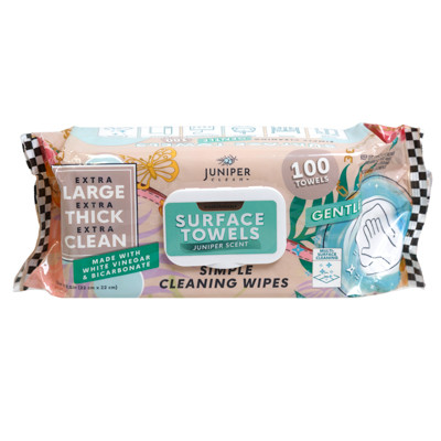 SURFACE TOWELS 100CT JUNIPER SCENT 8.5INX8.5IN THICK CLEANING WIPES W/VINEGAR & BICARBONATE JUNIPER CLEAN NO ONLINE SALES