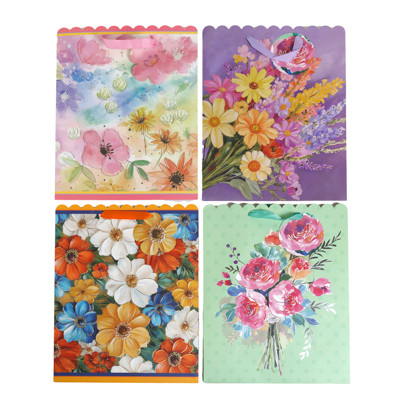 GIFT BAG LARGE FLORAL W/SCALLOP TOP HOTSTAMP 10.2 X 4.7 X 13IN 4AST/LABEL