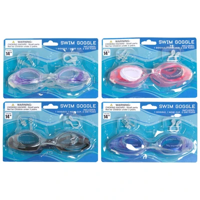 SWIM GOGGLE SET ADULT W/NOSECLIP & EAR PLUGS 3AST COLORS BLC