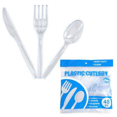 CUTLERY CLEAR PS PLASTIC 48PC MIX KNIVES/FORKS/SPOONS HEAVY DUTY IN PRINTED PB