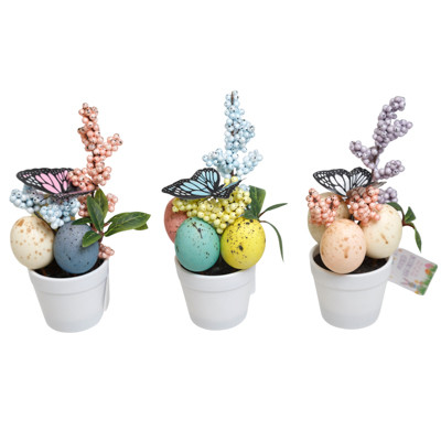 POTTED EASTER EGG DECOR W/BUTTERFLY & BERRY ACCENTS 3AST/HT