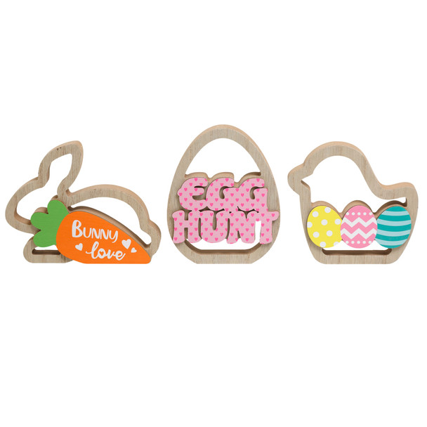 TABLE DECOR EASTER OUTLINE MDF 3AST EGG/BUNNY/CHICK/HT