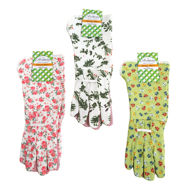 GARDEN GLOVES LADIES X-LONG 14IN POLY W/PVC DOT PALM 3AST PRINTS L&G HDR