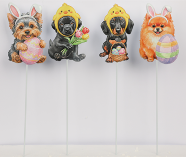 EASTER EAGER PUPPYS PICKS METAL 4AST W/HANGER BACK 14IN/BARBELL LABEL
