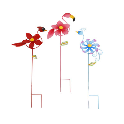 GARDEN SPINNER YARD STAKE 3AST 24IN FLAMINGO/CARDINAL/PEACOCK BARBELL LABEL