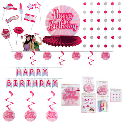 PARTY COMBO PINK THEME 6AST HOTSTAMP BANNERS/SWIRLS/PHOTO PROPS/CENTERPIECE