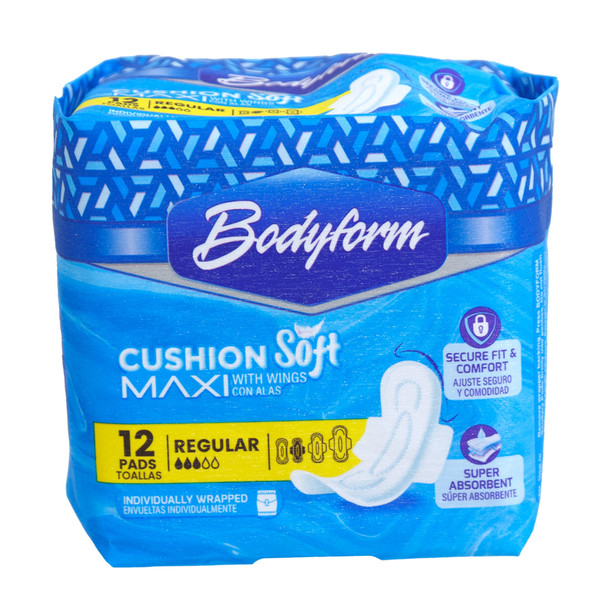 MAXI PADS 12CT REGULAR W/WINGS BODYFORM SUPER COMFORTABLE & LEAK-PROOF PROTECTION CUSHION SOFT