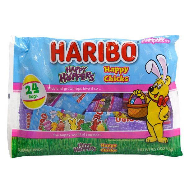 HARIBO HAPPY HOPPERS + HAPPY CHICKS 24 BAGS 9.5 OZ LAYDOWN BAG COUNTER DISPLAY
