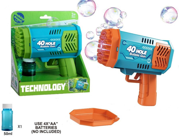 BUBBLE GUN 40 HOLE 2AST COLOR 4XAA BATTOP(NOT INCLUDED) W/LIGHT & 50ML BUBBLES TRAY BOX