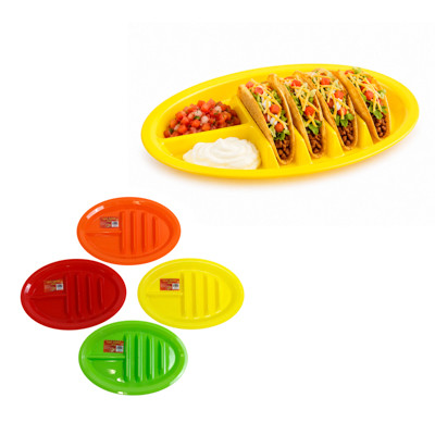 TACO SERVING PLASTIC TRAY HOLDS 3 PLUS DIVIDED END FOR SALSA/BEANS 4AST/TACO ART LABEL