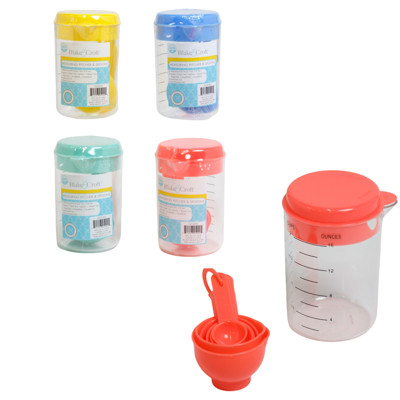 MEASURING PITCHER & SPOON SET 7PC PLASTIC 4AST COLORS