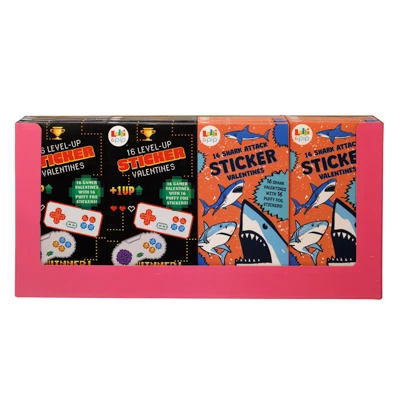 VALENTINE CARDS 16CT PUFFY FOIL STICKERS VIDEO GAME & SHARKS PDQ DISPLAY