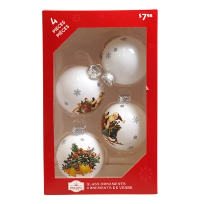 HOLIDAY TIME GLASS ORNAMENTS 4PK WHITE - SANTA - BELLS PP $7.98