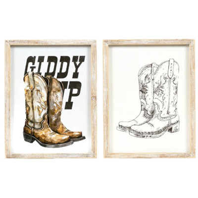 WALL SIGN 9X13X1.5 GIDDYUP/BOOTS REVERSIBLE WOOD (32.00)