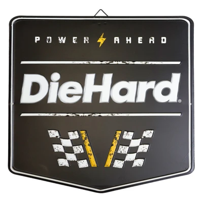 WALL DECOR SIGN 12X12 POWER AHEAD DIE HARD BATTERY EMB METAL HANGING