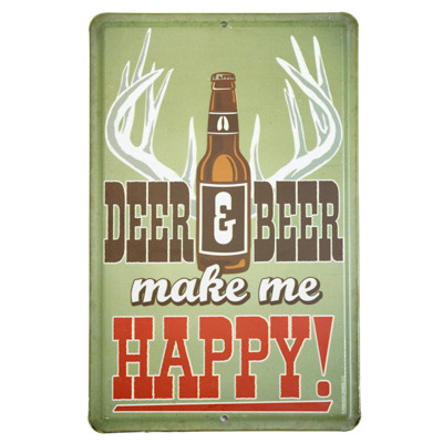 WALL DECOR 6X9.75 DEER AND BEER MAKE ME HAPPY METAL DIE CUT EMB TIN