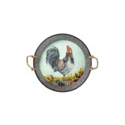 TRAY 20.5X19.5X3 ROOSTER METAL/WOOD/PAPER/ROPE