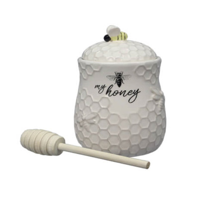 HONEY JAR W/WOOD DIPPER CERAMIC 3.75X3.75X5.5