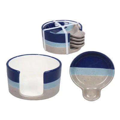 SNACK PLATES W/HOLDER 5PC SET ARTISTIC BLUE CERAMIC 5.25X4.75X3